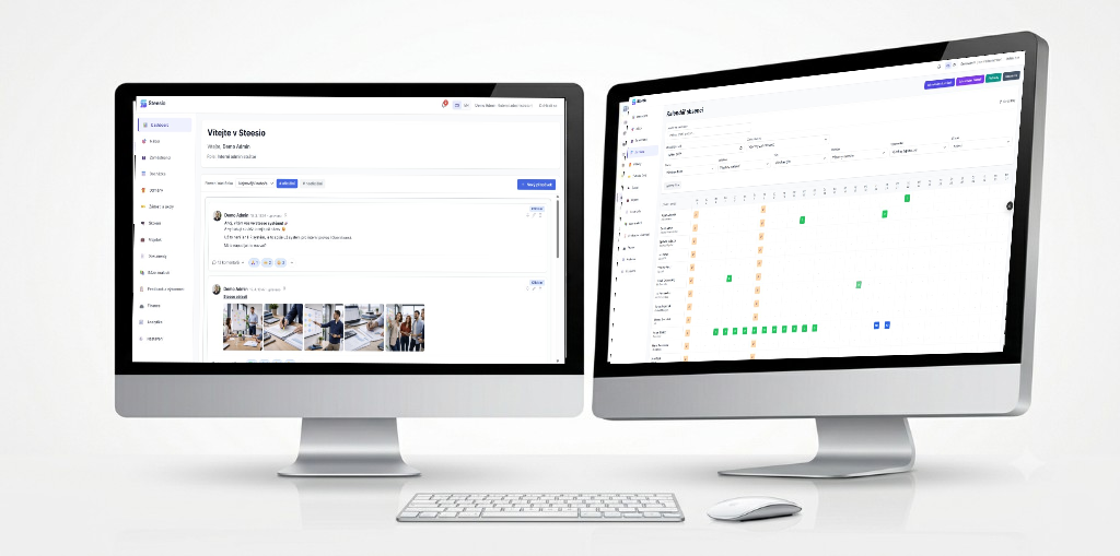Steesio - dashboard a docházka na dvou monitorech