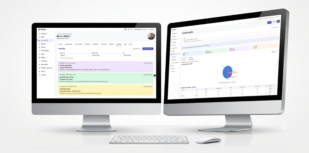Steesio v praxi - osobní spisy zaměstnanců a analytika majetku na dvou monitorech
