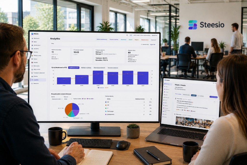 Steesio v praxi - tým pracuje s analytikou, docházkou a firemní nástěnkou